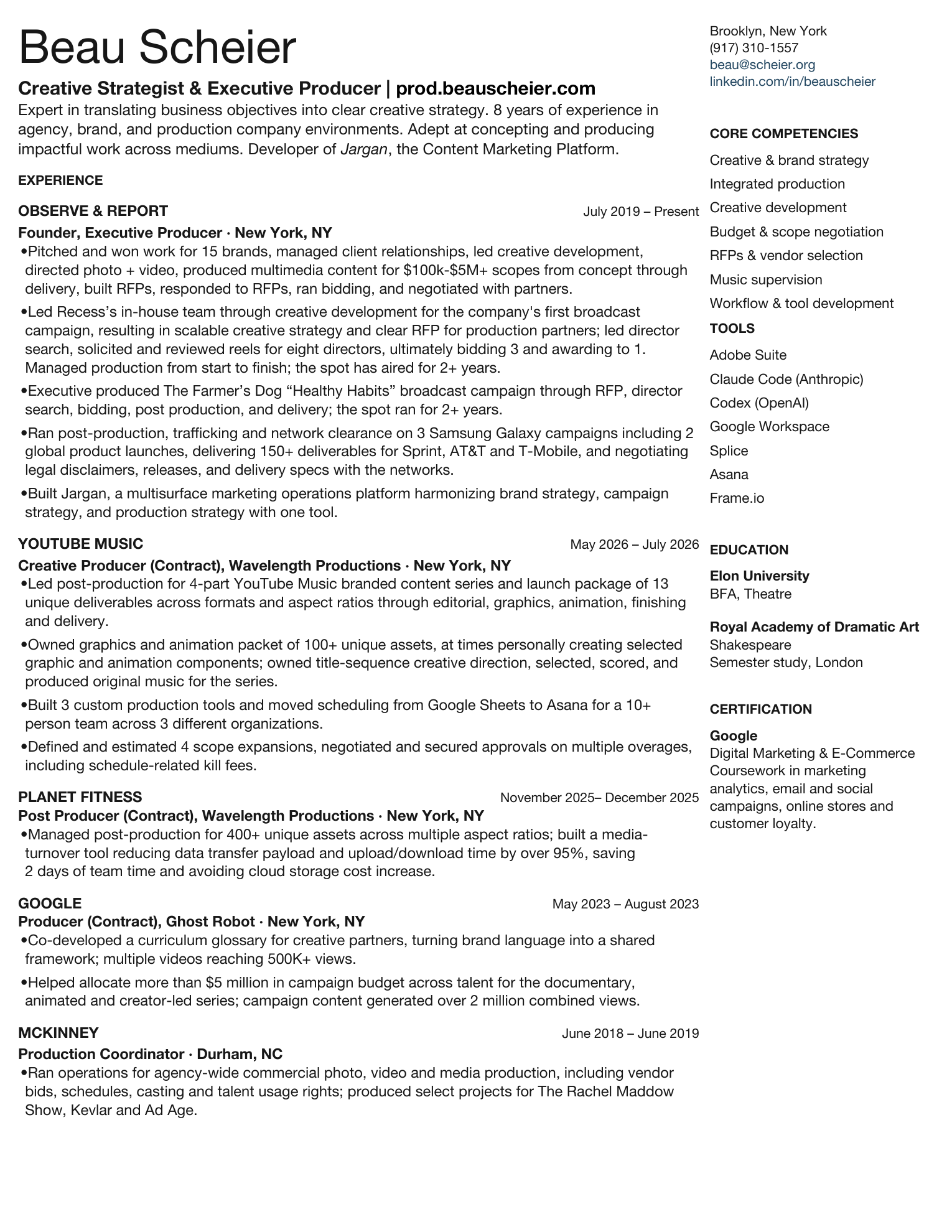 Page 1 of Beau Scheier’s résumé. The Read view contains the full accessible text.